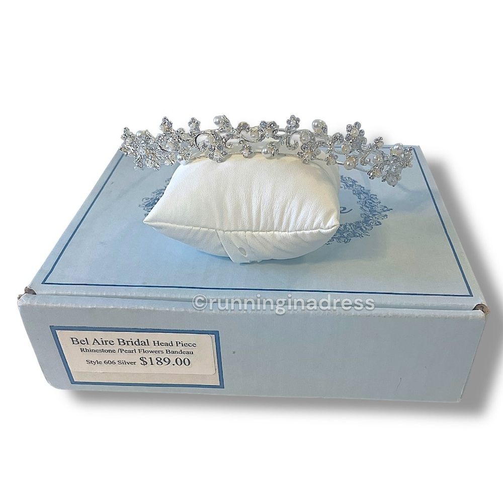 Vintage Bel Aire Bridal Head Piece In Silver Rhinestone & Pearl Flowers Bandeau
